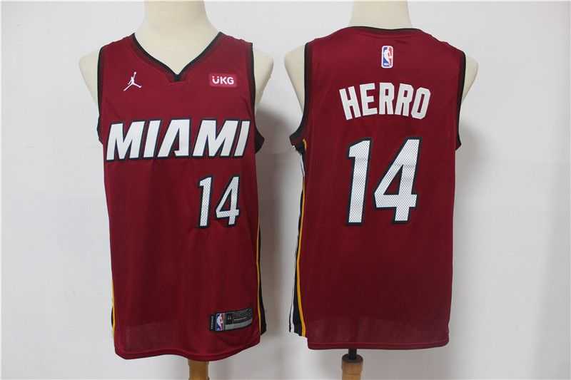 Men Miami Heat 14 Herro Red With Jordan logo Game 2021 NBA Jersey